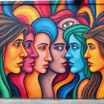 The primary subject of the image is a mural featuring five faces painted on a wall. The setting is an outdoor wall, and the visual style is a combination of photo and digital art. The mural is painted in vibrant colors, creating a lively and engaging atmosphere.